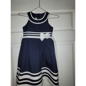 Bonnie Jean Sailor Dress Girls Size 6 Blue Nautical Sleeveless White Trim Bow